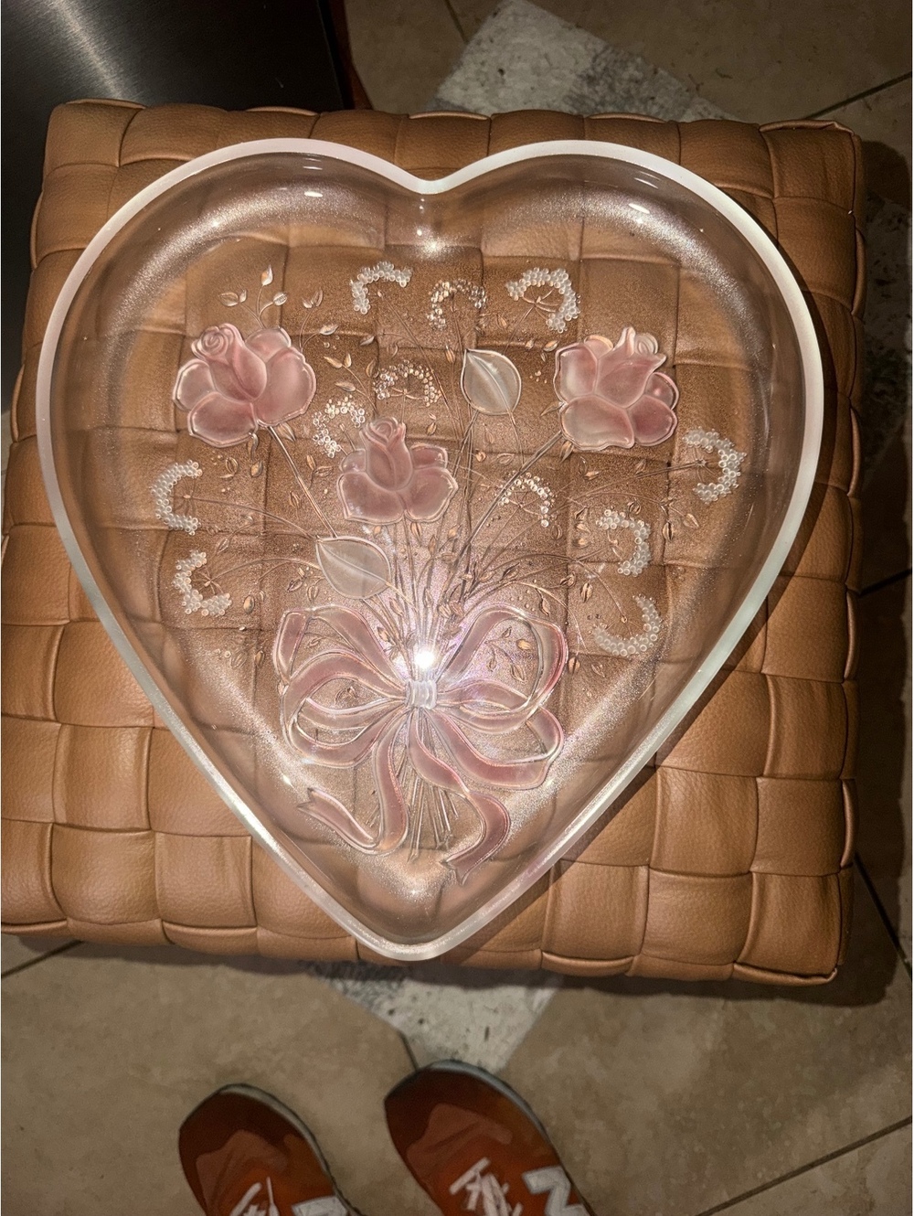 VTG Mikasa Sweetheart Bouquet Crystal Heart Pink Roses Wedding Serving Tray